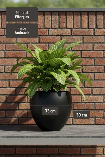 Runder Pflanzkübel aus Fiberglas in Anthrazit, Breite 33 Zentimeter, Höhe 30 Zentimeter.