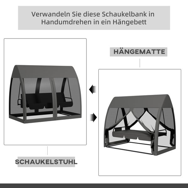 Outsunny 2 in 1 Hollywoodschaukel mit Liegefunktion 3-Sitzer Gartenschaukel mit Baldachin, Mückennetz, Schaukelbank belast bis 300kg, Gartenliege für Garten, Terrasse, 240 x 140 x 197 cm, Grau