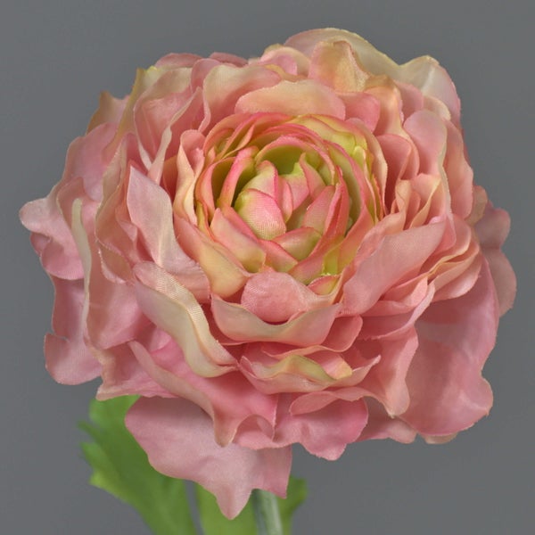 Künstliche Ranunkelblüte mit zahlreichen pinkfarbenen Blütenblättern und grünem Stiel.