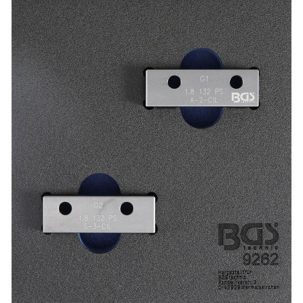 Nockenwellen-Arretierwerkzeuge G1 und G2 von BGS technic in einer Schaumstoffeinlage mit BGS technic Logo.