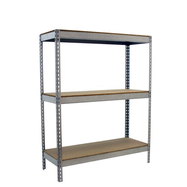 Schwerlastregal aus Metall mit drei Fachböden aus Holzwerkstoff und Stecksystem zur einfachen Montage.