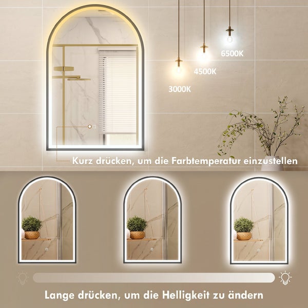 Bogenförmiger Badezimmerspiegel mit LED Beleuchtung und einstellbarer Farbtemperatur sowie Dimmfunktion für individuelles Licht