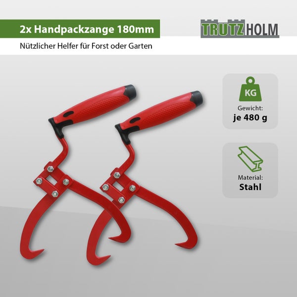 Zwei TrutzHolm Handpackzangen aus Stahl mit 180 Millimeter Öffnungsweite für den Forst und Garten.