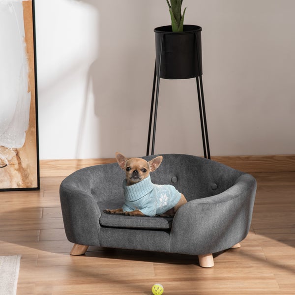 PawHut Haustiersofa Hundematte Hundebett Hundesofa Hundecouch Katzen Sofa mit Kissen Rückentasche Plüsch Schaumstoff Kiefernholz Dunkelgrau 70 x 47 x 30 cm