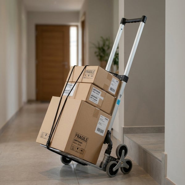 Treppensteiger-Sackkarre mit Kartons in einem Flur