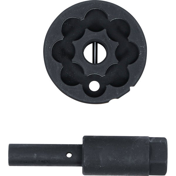 Spezialsteckschlüssel für Bosch Verteilereinspritzpumpen aus schwarzem Metall, Set bestehend aus Steckschlüssel und Adapter.