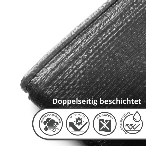 Doppelseitig beschichtete Abdeckplane mit wetterbeständigen, UV geschützten, reißfesten und wasserdichten Eigenschaften.