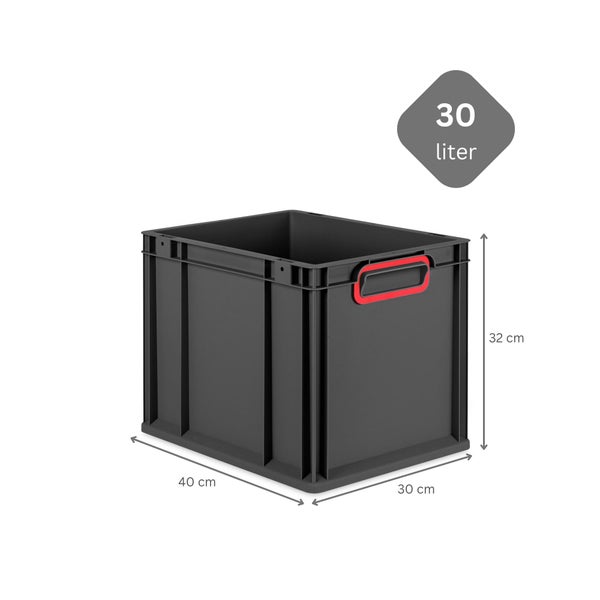 PROREGAL SuperSparSet 4x Eurobox NextGen Color mit Scharnierdeckel und Schiebeschnappverschlüssen, HxBxT 32x30x40cm, 30 Liter, Schwarz, Griffe rot geschlossen, Eurobehälter, Transportbox, Transportbehälter, Stapelbehälter