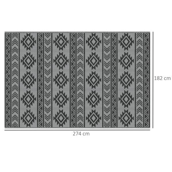 Outsunny Outdoor-Teppich, wasserdicht, mit doppelseitigem Design, für Terrasse, Balkon, Camping, 182 x 274 cm, Kunststoff, Schwarz+Grau