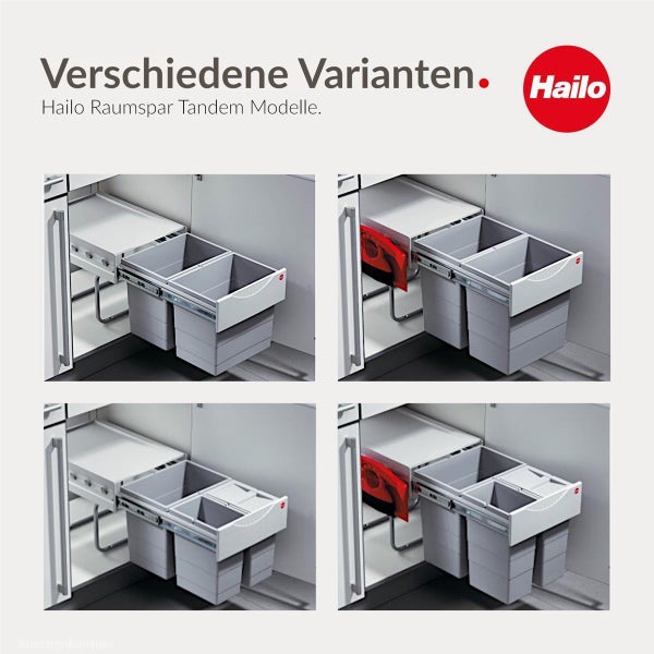 Verschiedene Varianten des Hailo Raumspar Tandem Abfalltrennsystems im Küchenunterschrank, Hailo Logo.