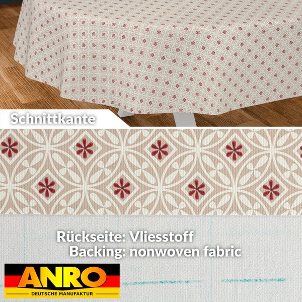 Abwaschbare Tischdecke mit Blumenmuster, Schnittkante, Rückseite aus Vliesstoff und ANRO Logo.