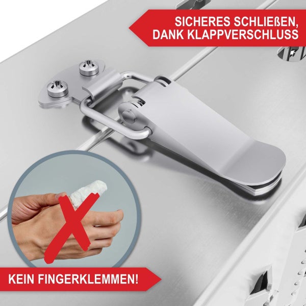 Metall-Klappverschluss einer Transportbox mit Hinweis auf sicheres Schließen und Schutz vor Fingerklemmen.