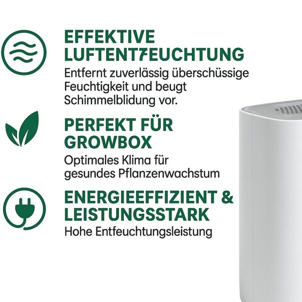 Produktmerkmale eines Luftentfeuchters: Effektive Entfeuchtung, ideal für Growboxen, energieeffizient und leistungsstark.