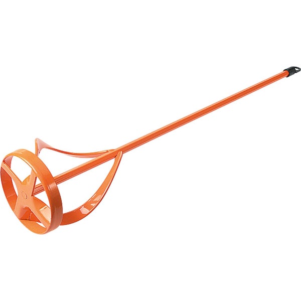 Orangefarbener Farbrührer aus Metall für Bohrmaschinen zum Anmischen von flüssigen Materialien.