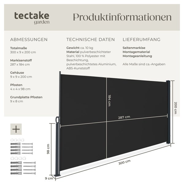 tectake garden Logo. Produktinformationen für Seitenmarkise mit Abmessungen 300 mal 200 Zentimeter, technischen Daten und Montagematerial.