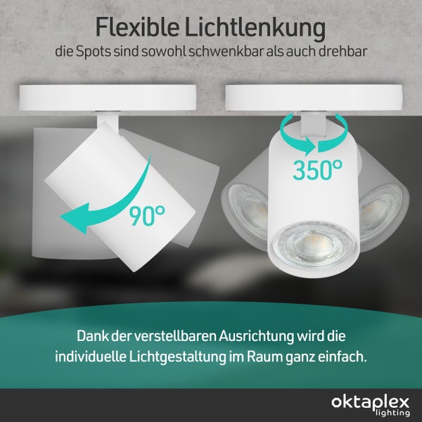 Weißer verstellbarer Deckenstrahler mit 90 Grad Schwenkbereich und 350 Grad Drehbereich. oktaplex lighting Logo.