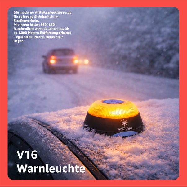 V16 Warnleuchte zur Erhöhung der Verkehrssicherheit auf einem Autodach im Winter