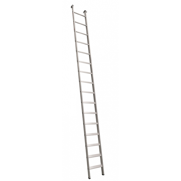 Eine lange Anlegeleiter aus Aluminium für den professionellen Einsatz im Handwerk und Haushalt.