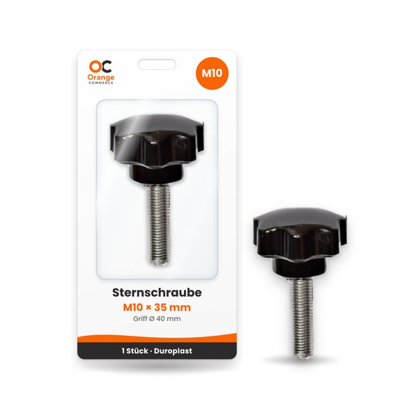 Sternschraube M10 mal 35 Millimeter mit 40 Millimeter Griffdurchmesser aus Duroplast auf Blisterkarte von Orange Commerce