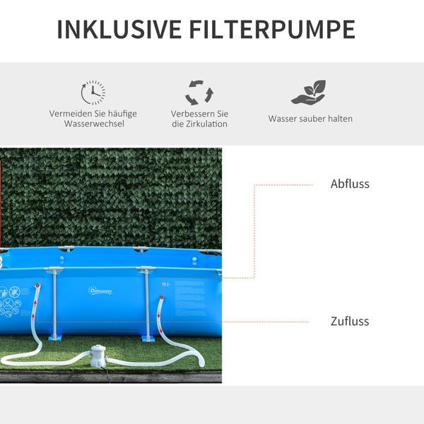 Outsunny Rahmenpool mit Schlauch, 292 x 190 x 75 cm, PVC+Stahl, Blau