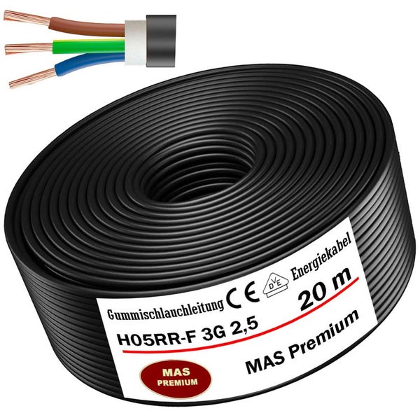 Gummischlauchleitung H05RR-F 3G 2,5 Quadratmillimeter MAS Premium Energiekabel 20 Meter Länge, VDE-geprüft und CE-konform.
