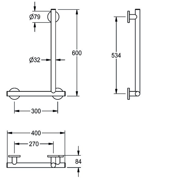 Maßzeichnung eines L-förmigen Haltegriffs mit den Maßen 600 mal 400 Millimeter und einem Rohrdurchmesser von 32 Millimeter.