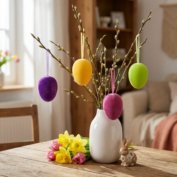 Osterdekoration bestehend aus einer Vase mit Weidenzweigen, daran hängenden Ostereiern sowie Narzissen und einem Dekohasen auf einem Holztisch.