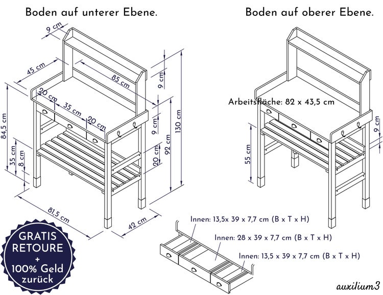 WONDERMAKE - Großer Pflanztisch weiß mit 3 Schubladen aus Holz wetterfest, Garten-Arbeitstisch XL für Outdoor draußen Balkon hochwertig, Gärtnertisch, weiß grau