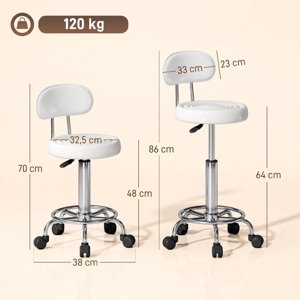 Zwei höhenverstellbare Arbeitshocker mit Rückenlehne und Rollen mit Maßangaben und einer maximalen Belastbarkeit von 120 Kilogramm.