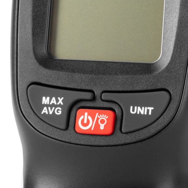 Nahaufnahme der Tasten eines Messgeräts: Max/Avg, An/Aus mit Hintergrundbeleuchtung, Einheit