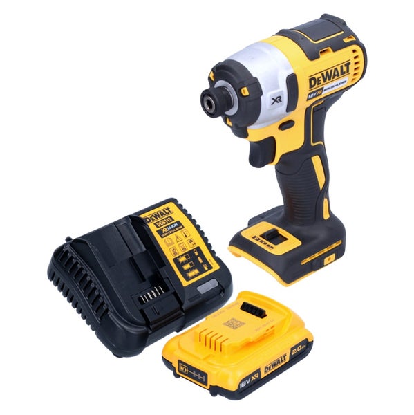 DeWalt Akku-Schlagschrauber-Set mit 18 Volt bürstenlosem Gerät, 2,0 Amperestunden Akku und Ladegerät.