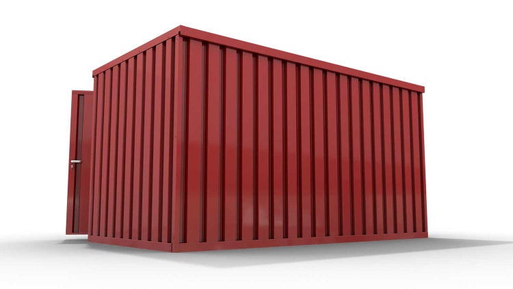 Lagercontainer Gerätehaus XXL+  – 12 qm, H2532 x B6020 x T2170 mm, Außenwandlackierung RAL 3000 feuerrot, Dach außen verzinkt, mit Holzfußboden, 1830 mm Doppelflügeltür mittig in Breitseite, Erfolgt fertig montiert