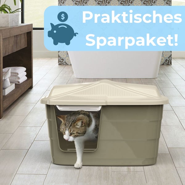 Katze in einer geschlossenen Katzentoilette im Badezimmer, beworben als praktisches Sparpaket