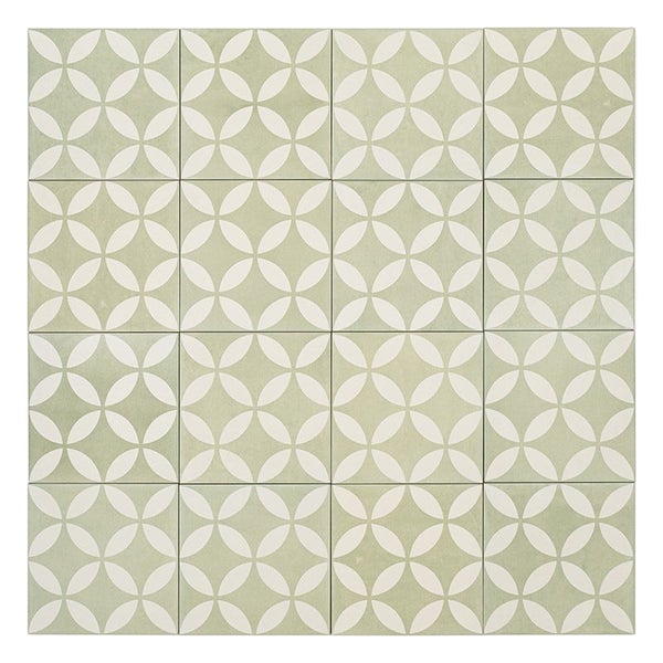 Wand- und Bodenfliesen mit geometrischem Blumenmuster im 4 mal 4 Kacheldesign für den Innenbereich