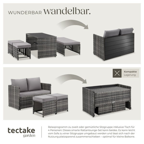 Wandelbares Rattan-Lounge-Set von tectake garden für vier Personen mit Sofa, Tisch und Hockern, kompakt verstaubar, tectake garden Logo.