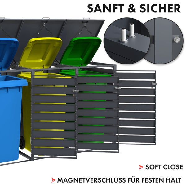 FLOORDIREKT Mülltonnenbox Johan Edelstahlrahmen und Holzdekor 198,5 x 80 x 116 cm - 3 Türen