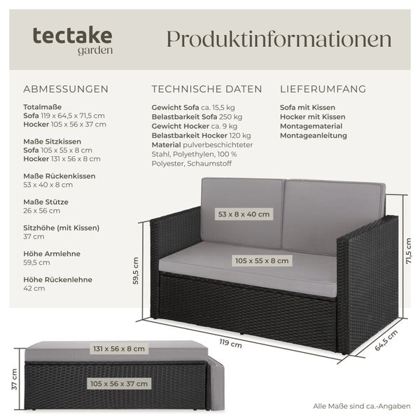 Rattan Lounge tectake Korfu Hocker mit klappbarer Stütze 2-Sitzer schwarz/grau