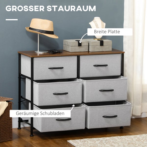 HOMCOM Kommode Sideboard mit 6 klappbaren Stoffschubladen, Schubladenschrank mit Arbeitsplatte, Griff, Mehrzweckschrank mit Kippschutz, für Wohnzimmer Schlafzimmer, Grau