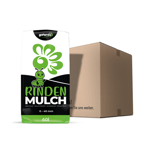 Galamio Rindenmulch 0 bis 40 Millimeter im 60 Liter Sack neben einem Versandkarton.