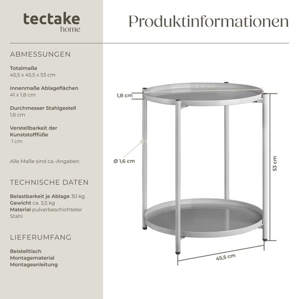 Beistelltisch tectake Oxford 45,5 x 45,5 x 53 cm Stahl grau