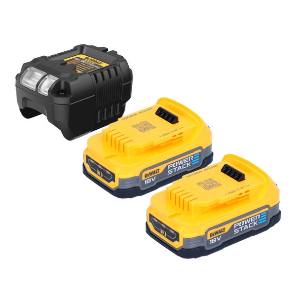 DeWalt Akku-Starter-Set mit einem Ladegerät und zwei 18 Volt PowerStack Lithium-Ionen-Akkus.