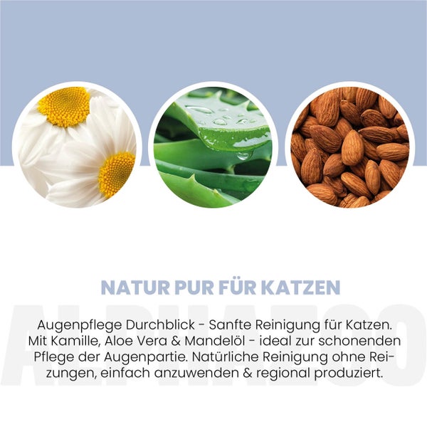Produktbild mit Kamille, Aloe Vera und Mandeln zur Augenpflege für Katzen