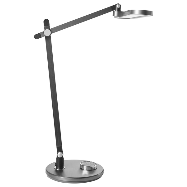 LED-Schreibtischleuchte aus gebürstetem Metall mit verstellbarem Gelenkarm und rundem Standfuß inklusive Drehregler.
