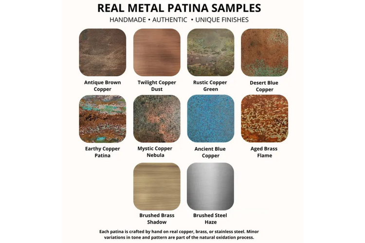 Echtmetall Patina Muster mit verschiedenen Oberflächen, einschließlich Antik Braun Kupfer, Twilight Kupferstaub, Rustikal Kupfer Grün, Wüstenblau Kupfer, Erdig Kupfer Patina, Mystisch Kupfer Nebel, Antik Blau Kupfer, Gealtert Messing Flamme, Gebürstet Messing Schatten und Gebürstet Stahl Dunst.