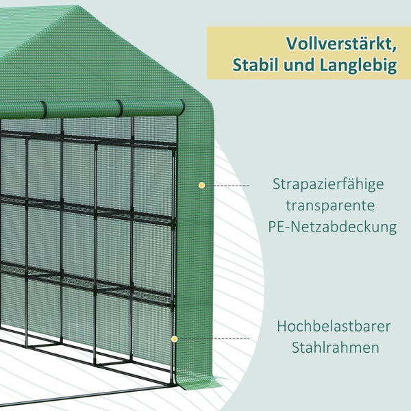 Outsunny Foliengewächshaus, begehbares Gewächshaus mit 8 Regalebenen, 244 x 180 x 210 cm, Stahl,PE-Kunststoff, Grün
