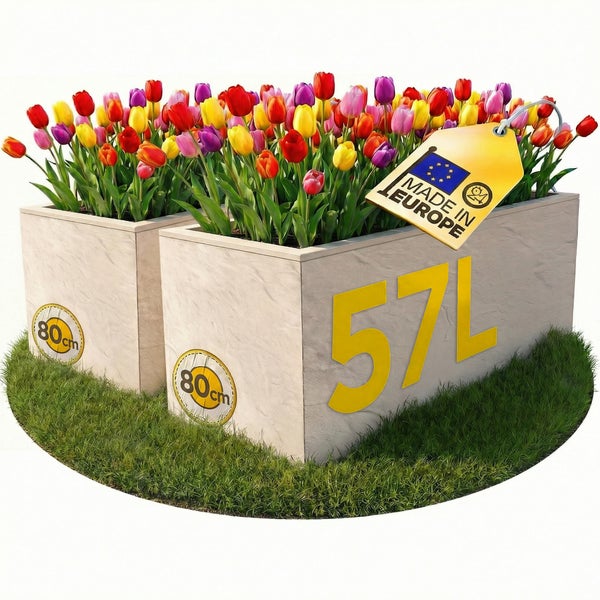 Zwei rechteckige Pflanzkübel in Steinoptik mit bunten Tulpen, Fassungsvermögen 57 Liter, Breite 80 Zentimeter, hergestellt in Europa.