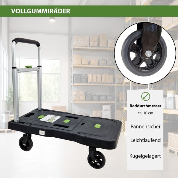Transportwagen mit Vollgummirädern, Raddurchmesser 10 Zentimeter, pannensicher, leichtlaufend und kugelgelagert.
