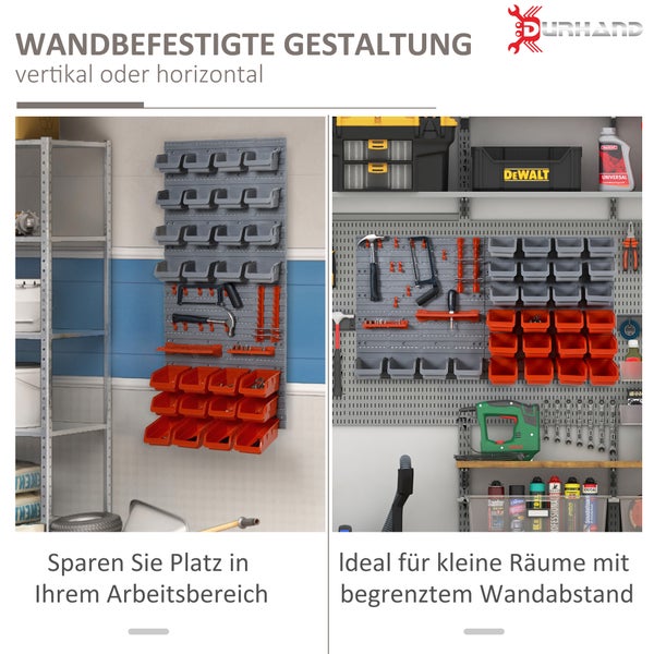 DURHAND, Wandregal mit Stapelboxen, Werkzeuglochwand, 54B x 22T x 95H cm, Kunststoff, Rot
