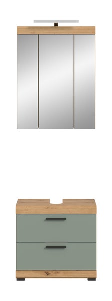 Badezimmermöbel-Set mit dreitürigem Spiegelschrank inklusive Beleuchtung und Waschbeckenunterschrank mit zwei Schubladen in Holzoptik und Grün.
