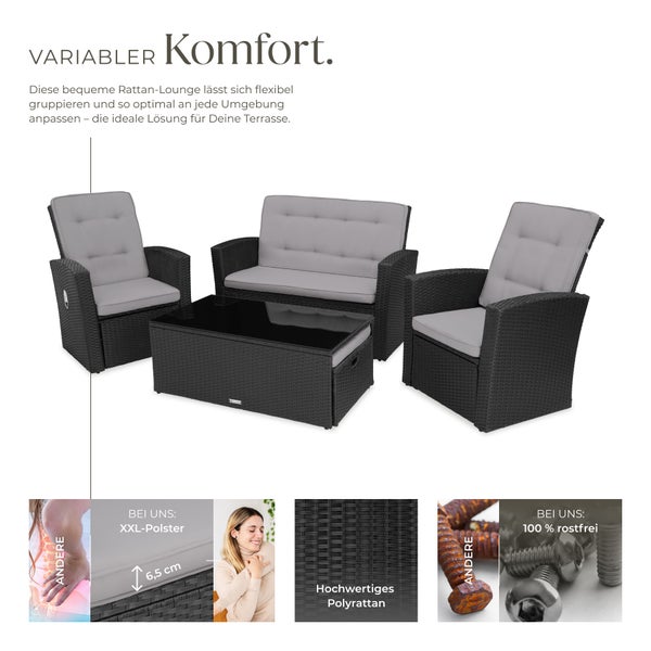 Rattan Lounge tectake Bari mit Sicherheitsglasplatte und Schraubfüßen mit Aluminiumgestell schwarz